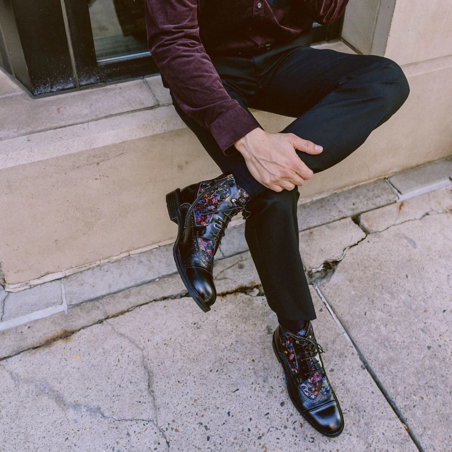 Charles - Black Flower - Men's lace up and zip up dressy leather boot