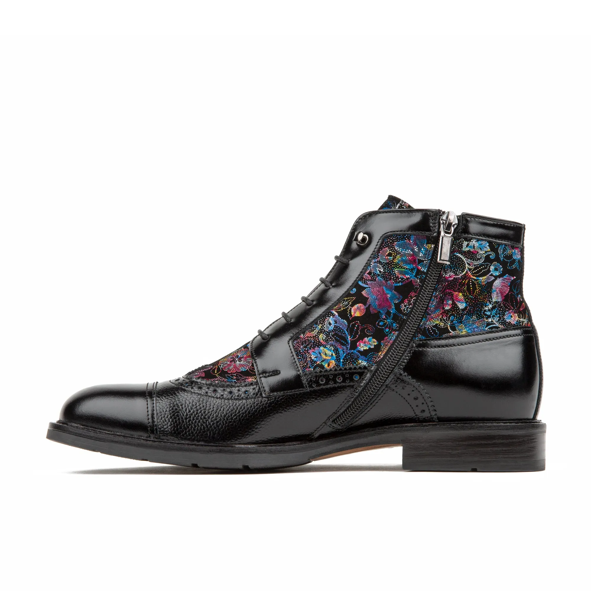 Charles - Black Flower - Men's lace up and zip up dressy leather boot