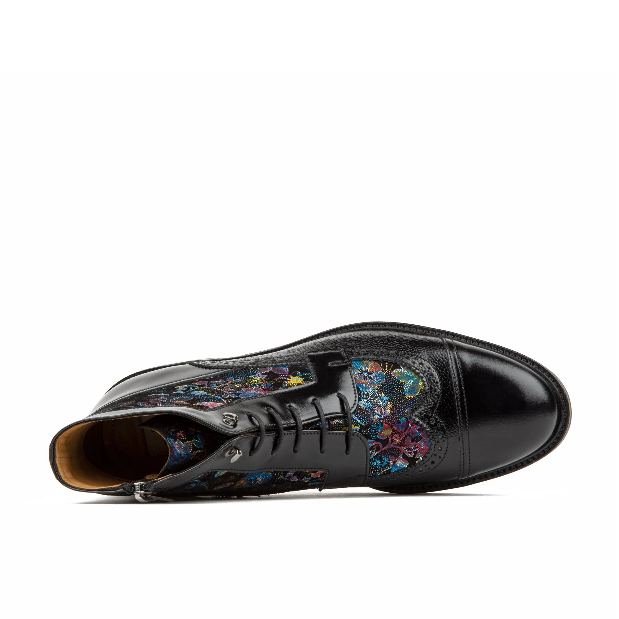 Charles - Black Flower - Men's lace up and zip up dressy leather boot