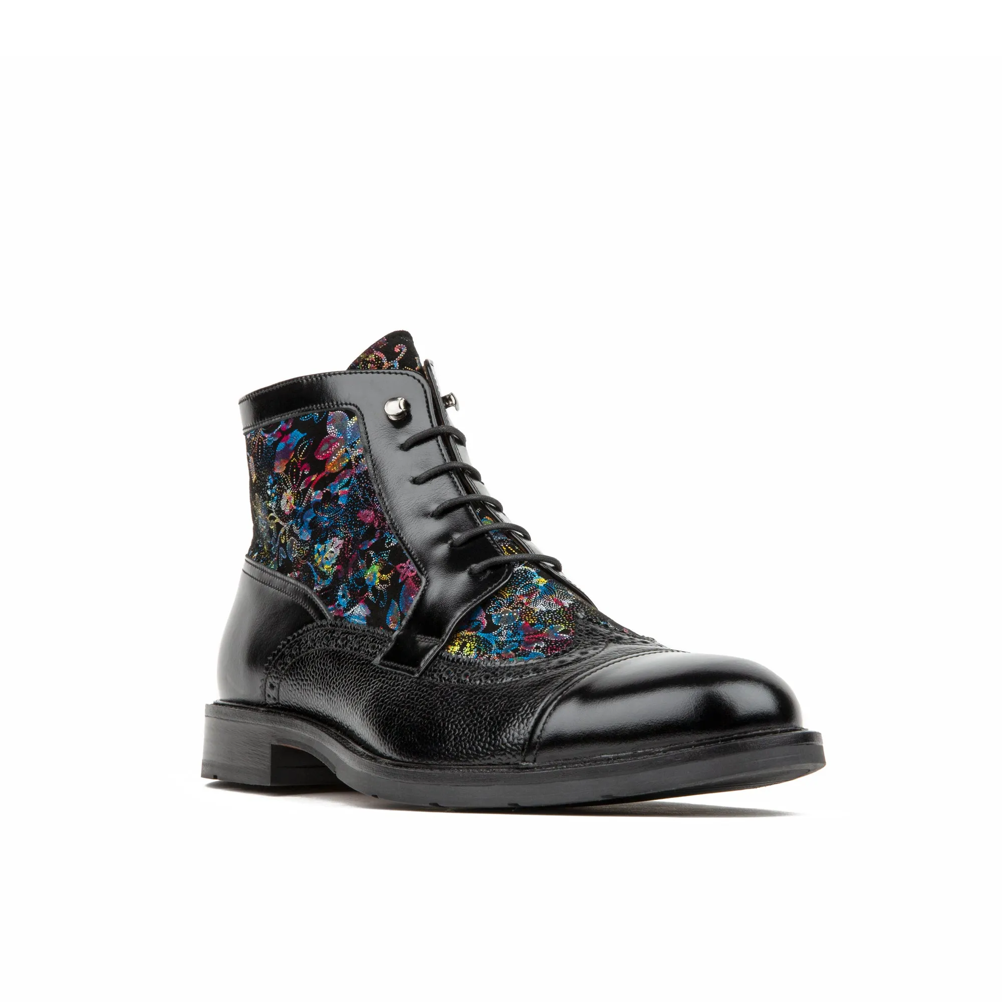 Charles - Black Flower - Men's lace up and zip up dressy leather boot