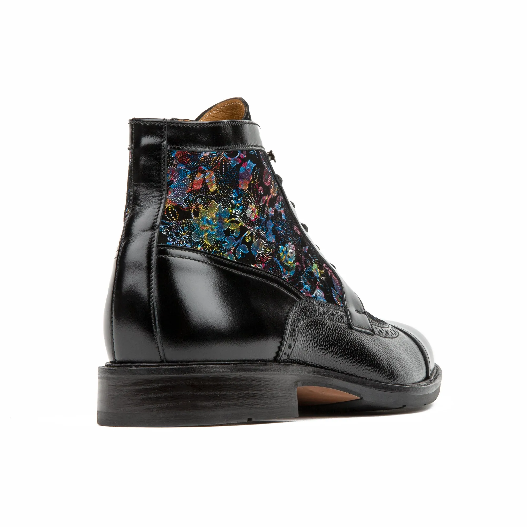 Charles - Black Flower - Men's lace up and zip up dressy leather boot
