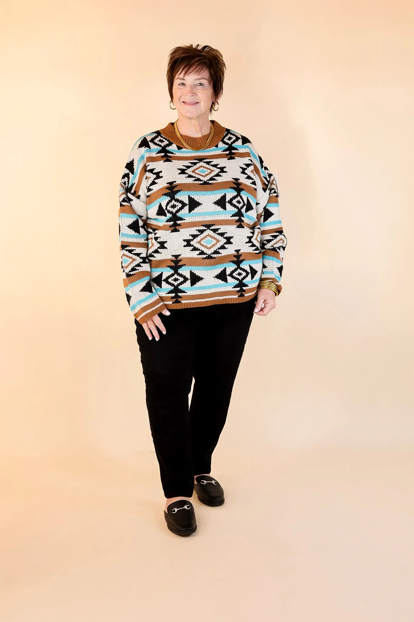 Cheyenne Chill Aztec Print Striped Sweater in Turquoise and Brown