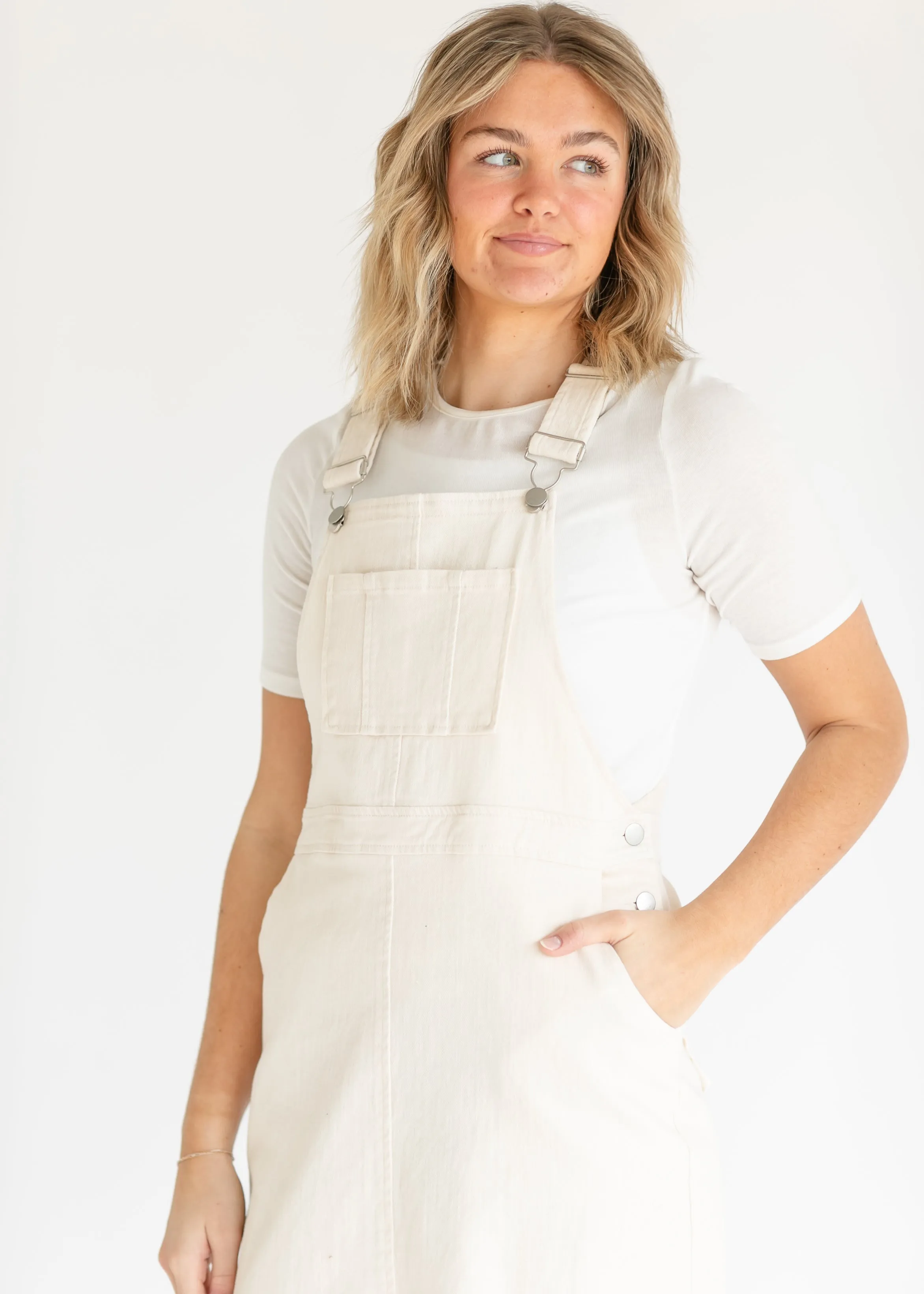 Cream Denim Jumper Overall Dress
