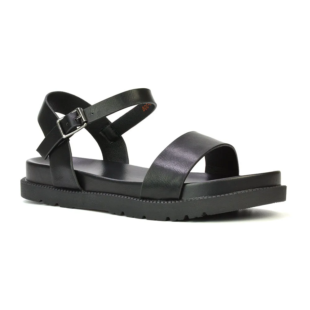 Grace Flatform Ankle Buckle Strappy Flat Summer Sandals in White Synthetic Leather