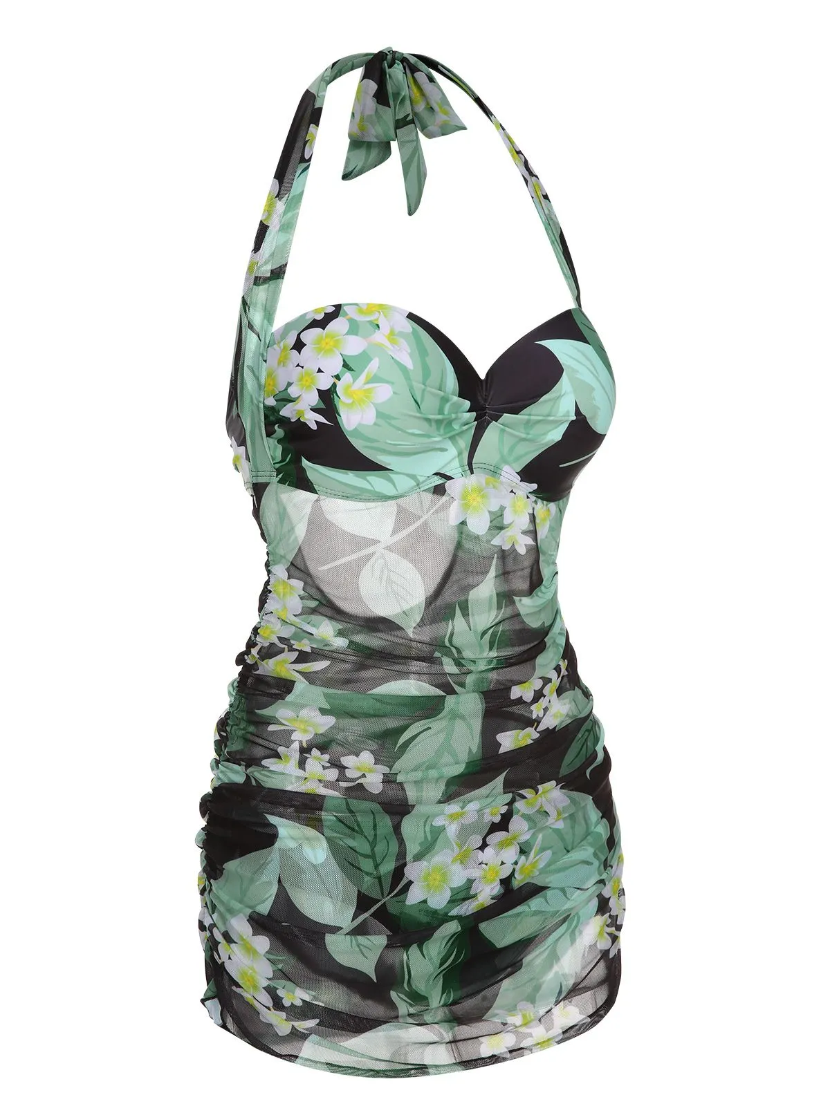 Green 1950s Plants Wrinkles Halter Swimsuit