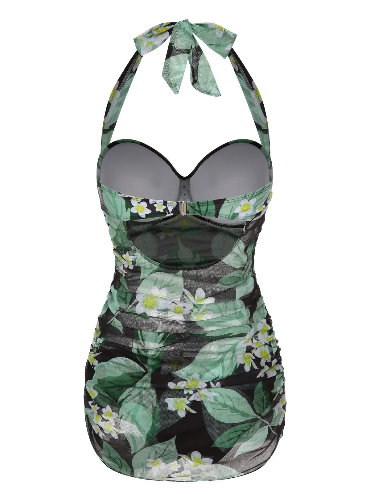 Green 1950s Plants Wrinkles Halter Swimsuit