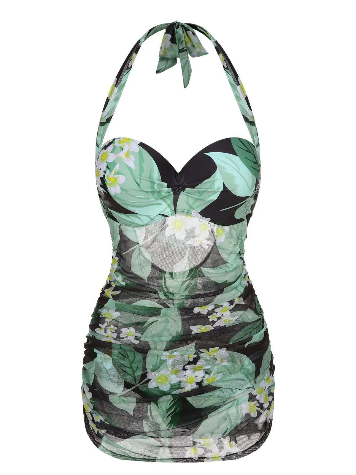Green 1950s Plants Wrinkles Halter Swimsuit