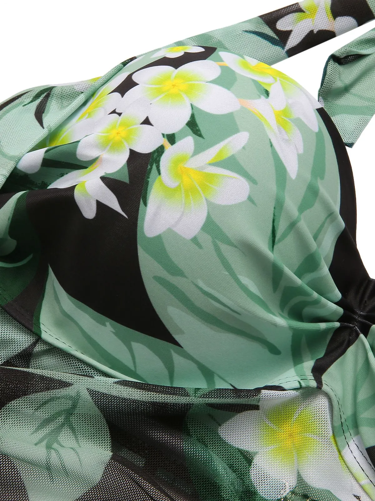 Green 1950s Plants Wrinkles Halter Swimsuit