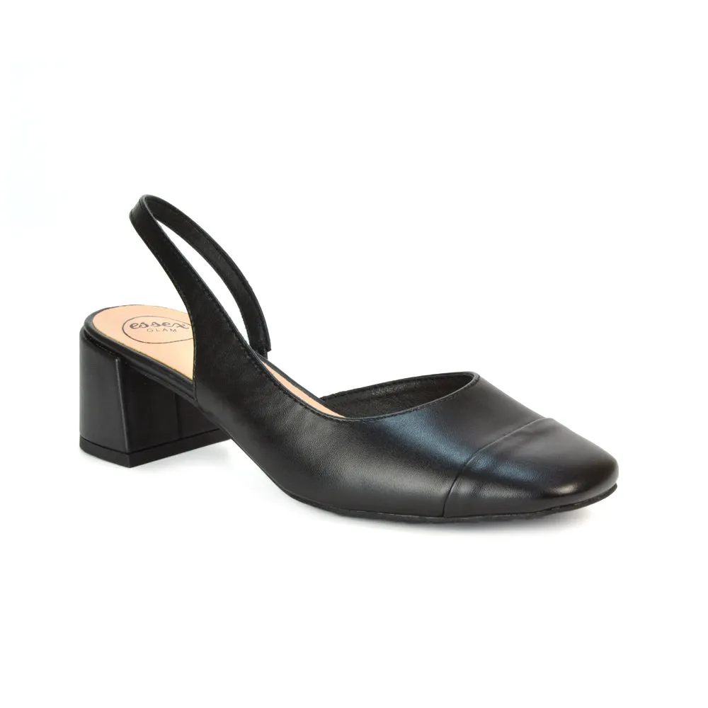 Kyla Low Block Heels Square Toe Slingback Court Shoes in Black Synthetic Leather