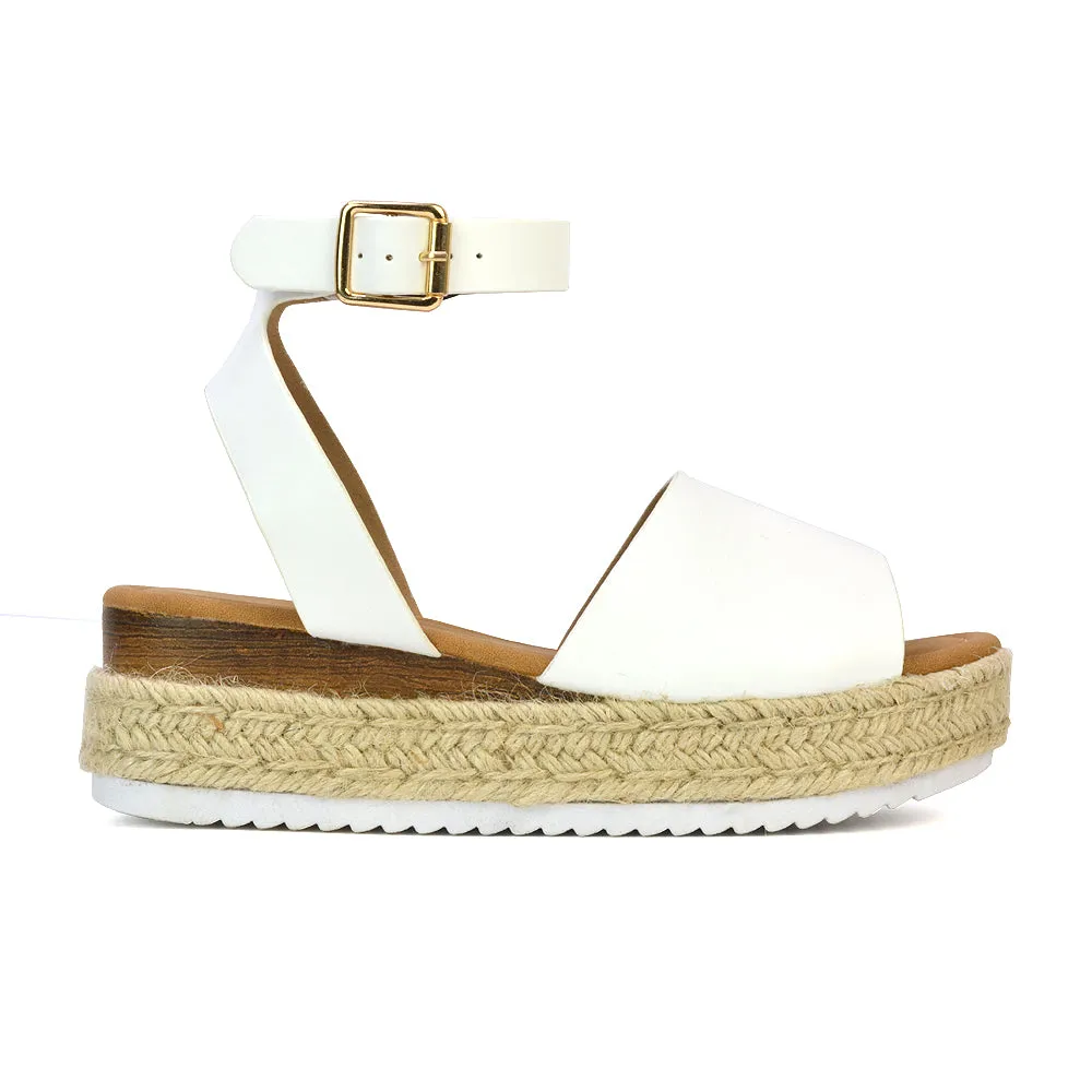 Lucile Strappy Ankle Buckle Flatform Espadrille Platform Flat Sandals in Nude