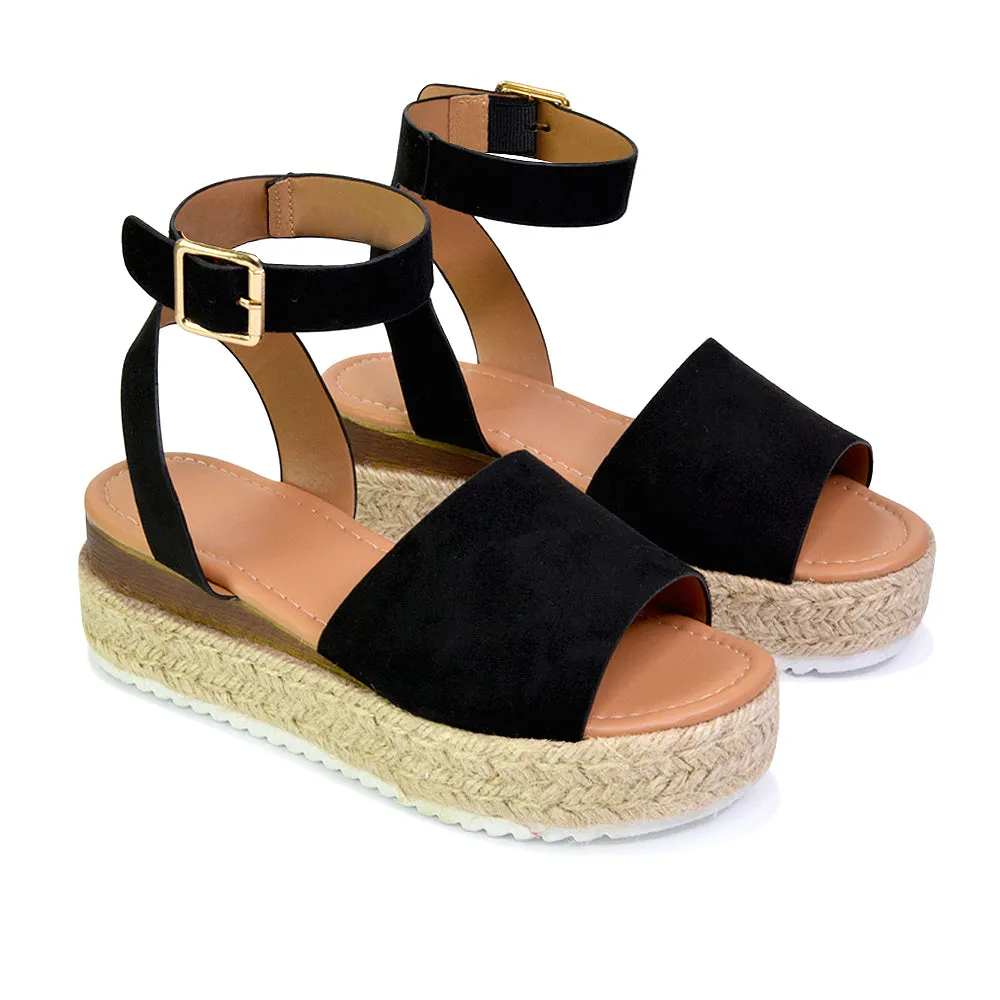 Lucile Strappy Ankle Buckle Flatform Espadrille Platform Flat Sandals in Nude