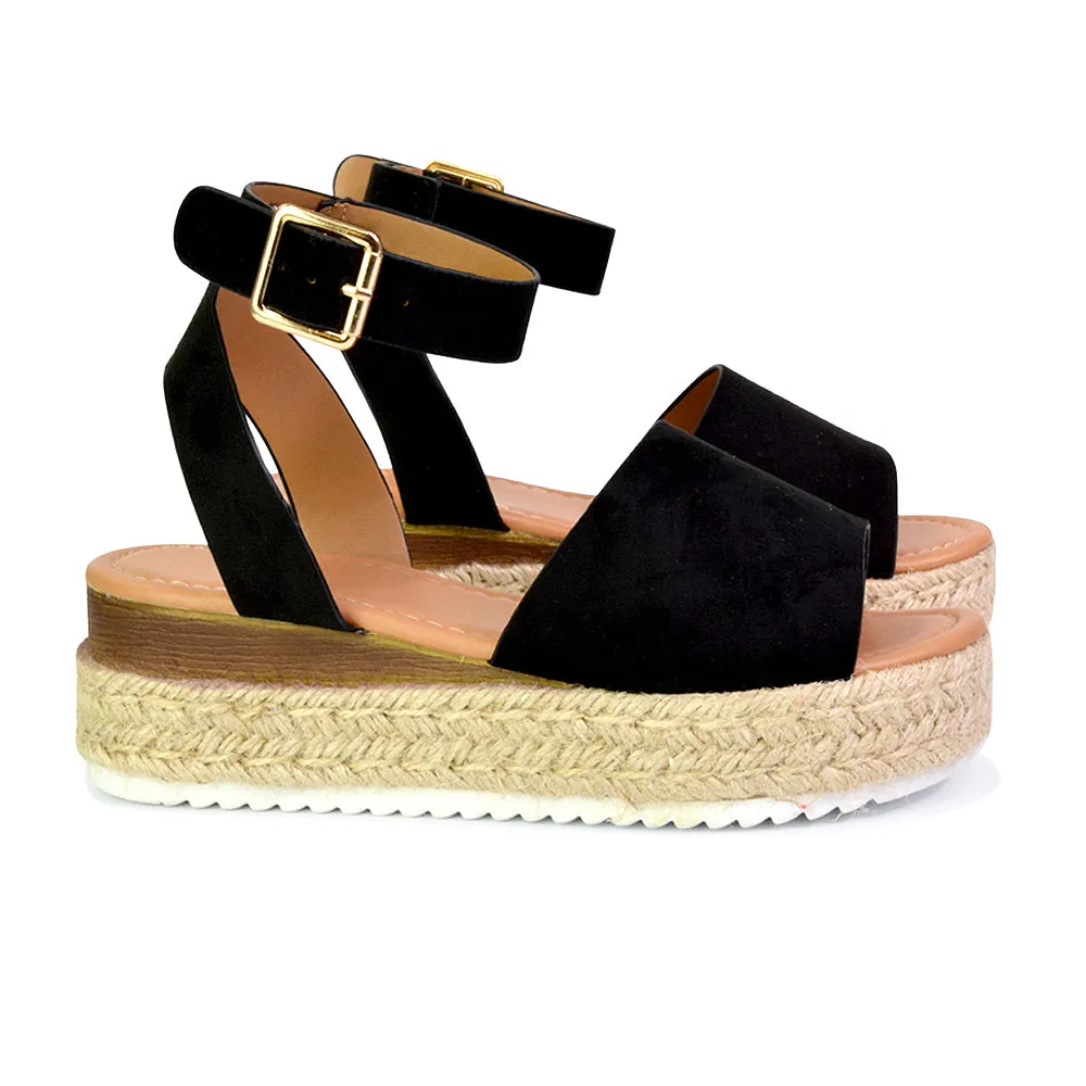 Lucile Strappy Ankle Buckle Flatform Espadrille Platform Flat Sandals in Nude