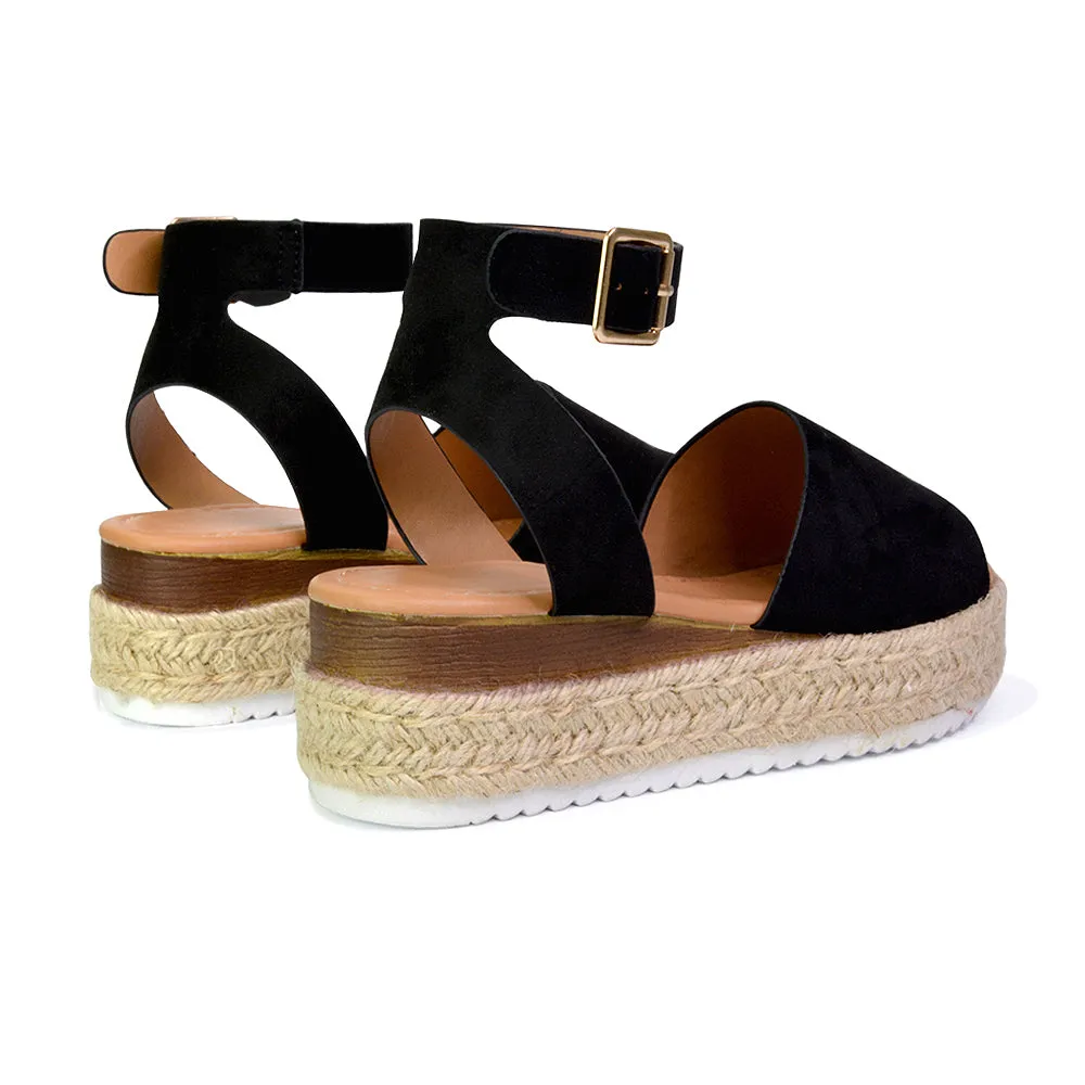 Lucile Strappy Ankle Buckle Flatform Espadrille Platform Flat Sandals in Nude