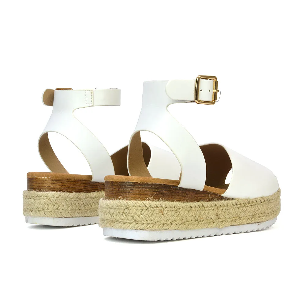 Lucile Strappy Ankle Buckle Flatform Espadrille Platform Flat Sandals in Nude