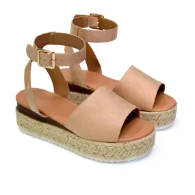 Lucile Strappy Ankle Buckle Flatform Espadrille Platform Flat Sandals in Nude