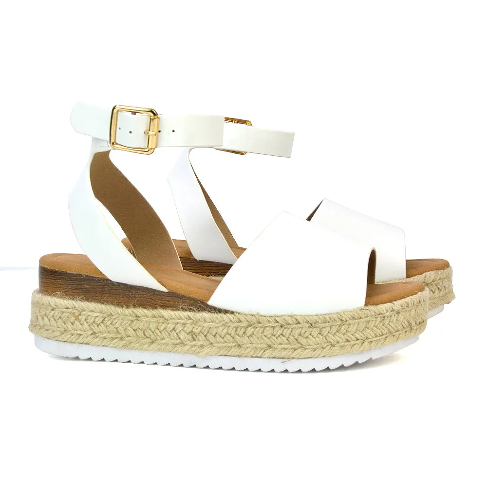 Lucile Strappy Ankle Buckle Flatform Espadrille Platform Flat Sandals in Nude
