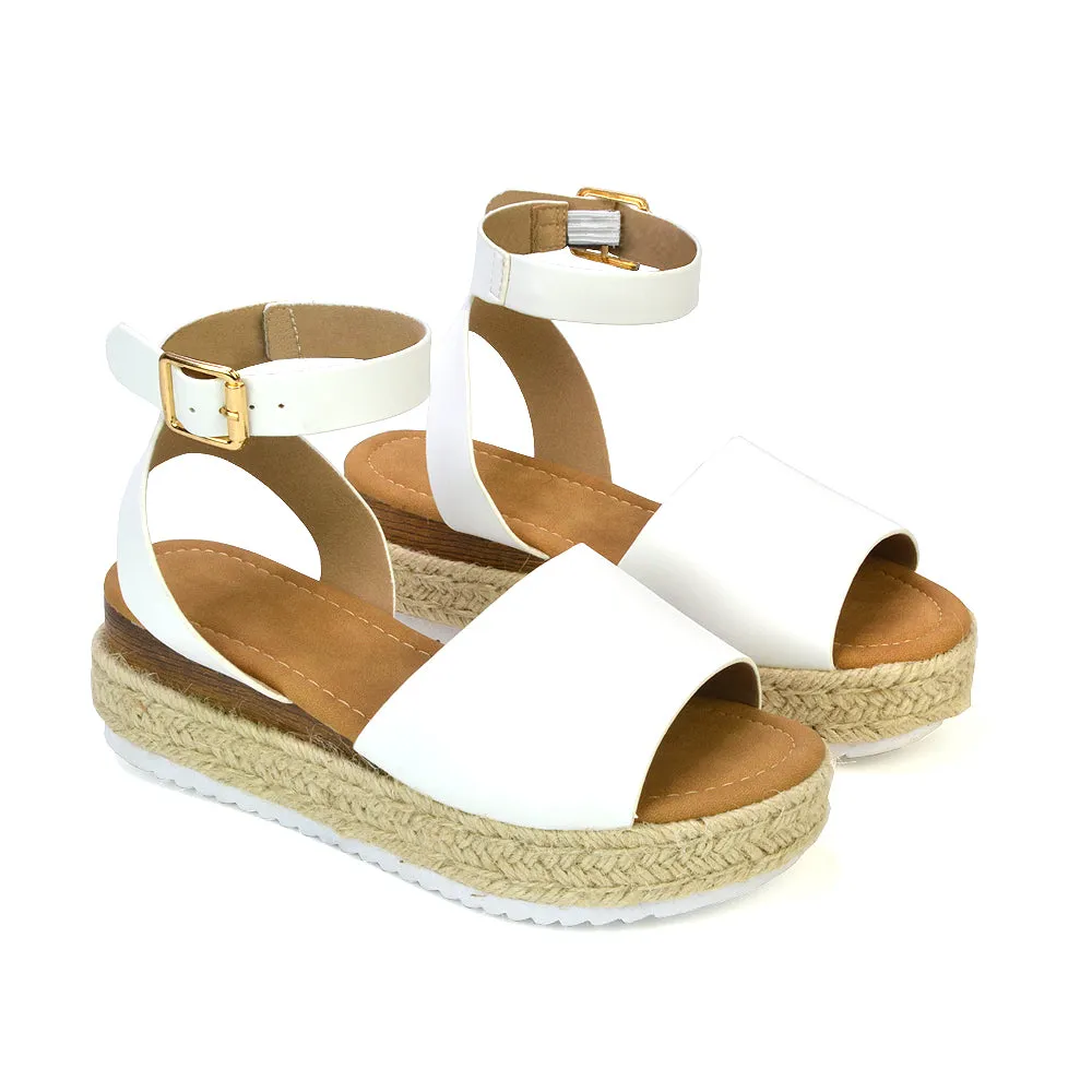 Lucile Strappy Ankle Buckle Flatform Espadrille Platform Flat Sandals in Nude