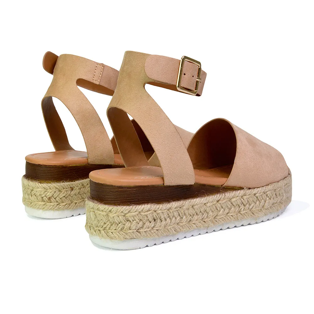 Lucile Strappy Ankle Buckle Flatform Espadrille Platform Flat Sandals in Nude