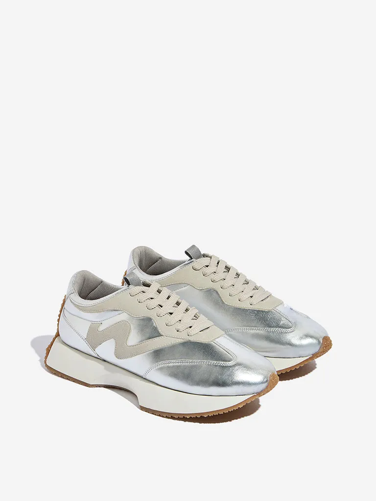 LUNA BLU Silver Glossy Lace-Up Sneakers