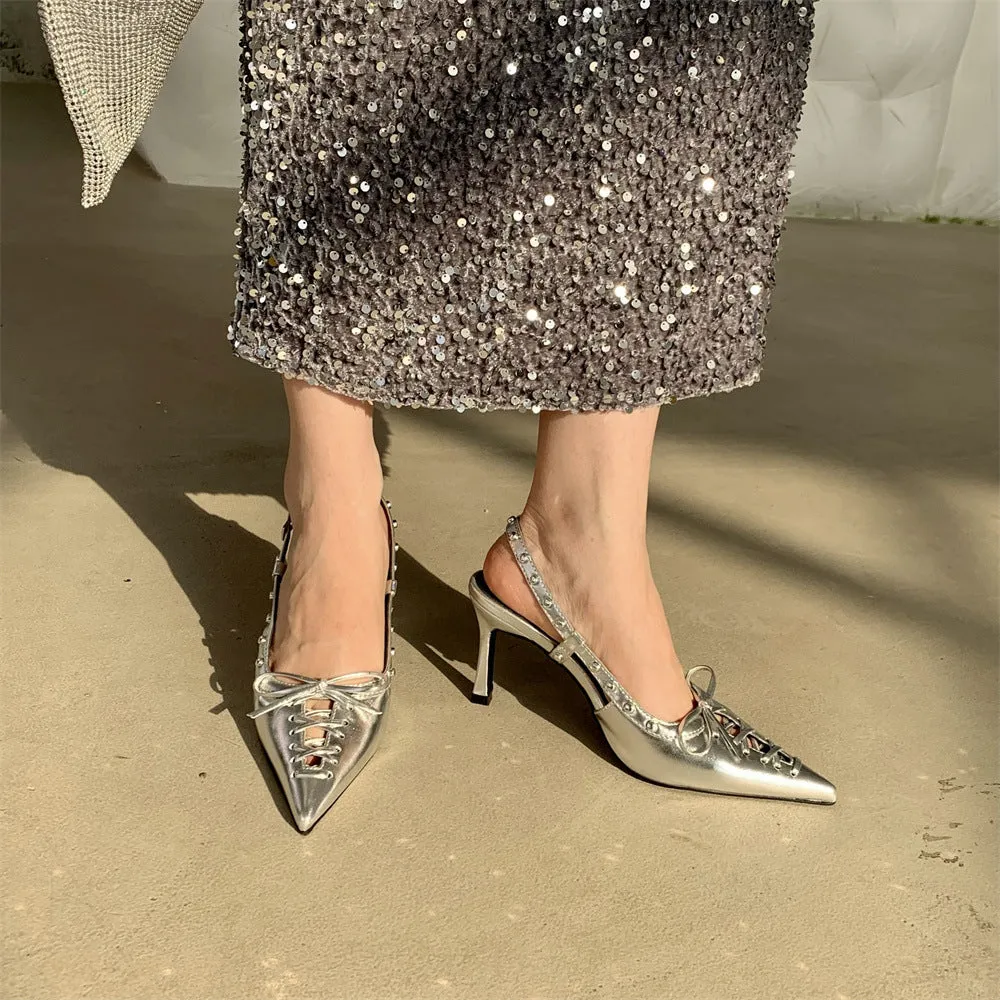 Metallic Bow Lace Up Heels