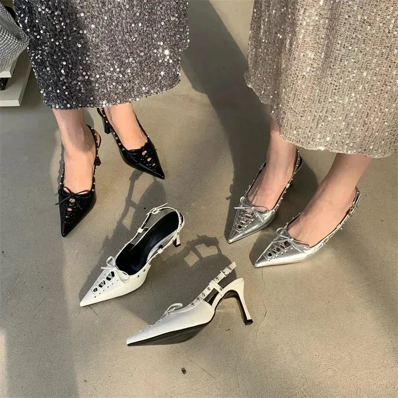 Metallic Bow Lace Up Heels