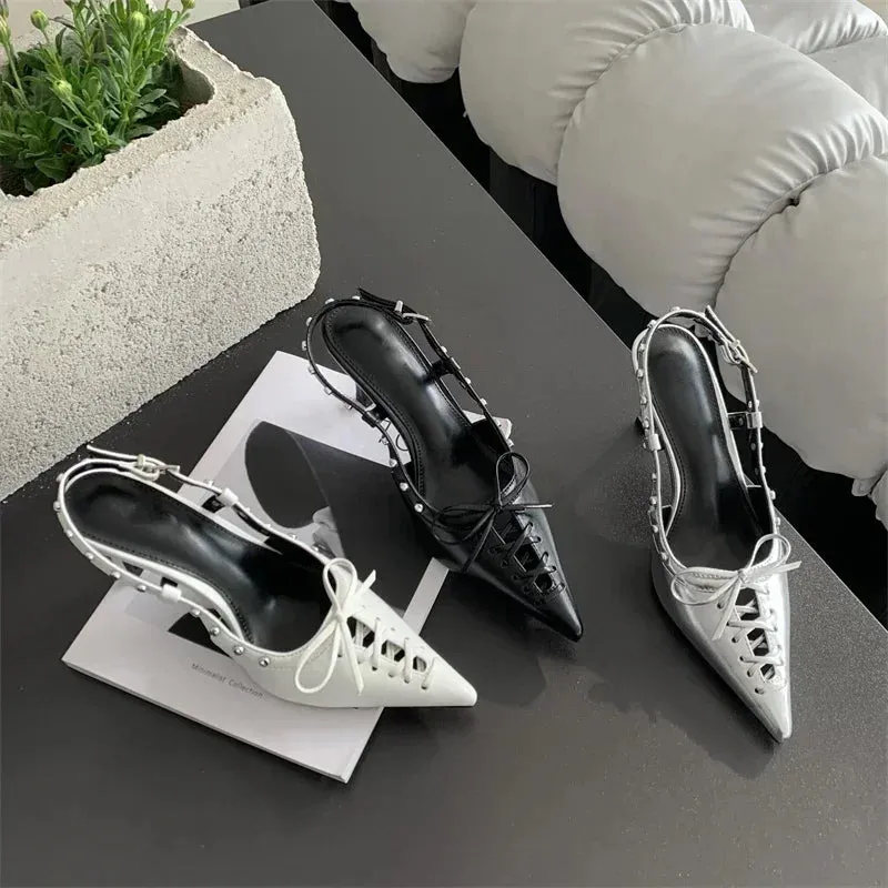 Metallic Bow Lace Up Heels