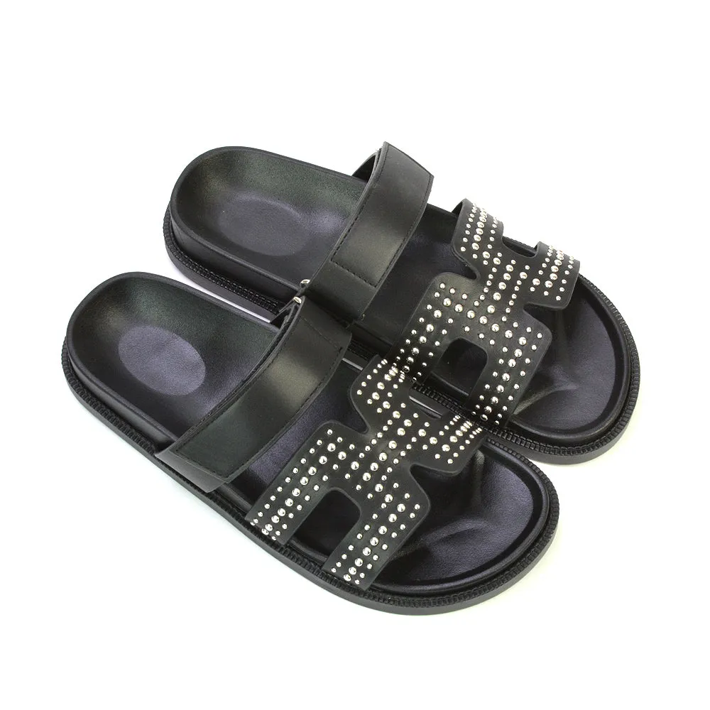 Nicole Diamante Cut Out Adjustable Strappy Flat Sandals Sliders in Black