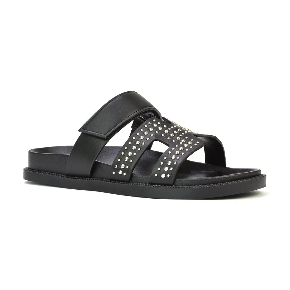 Nicole Diamante Cut Out Adjustable Strappy Flat Sandals Sliders in Black
