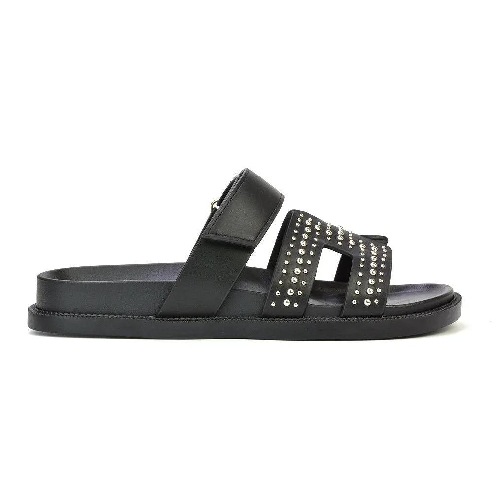 Nicole Diamante Cut Out Adjustable Strappy Flat Sandals Sliders in Black