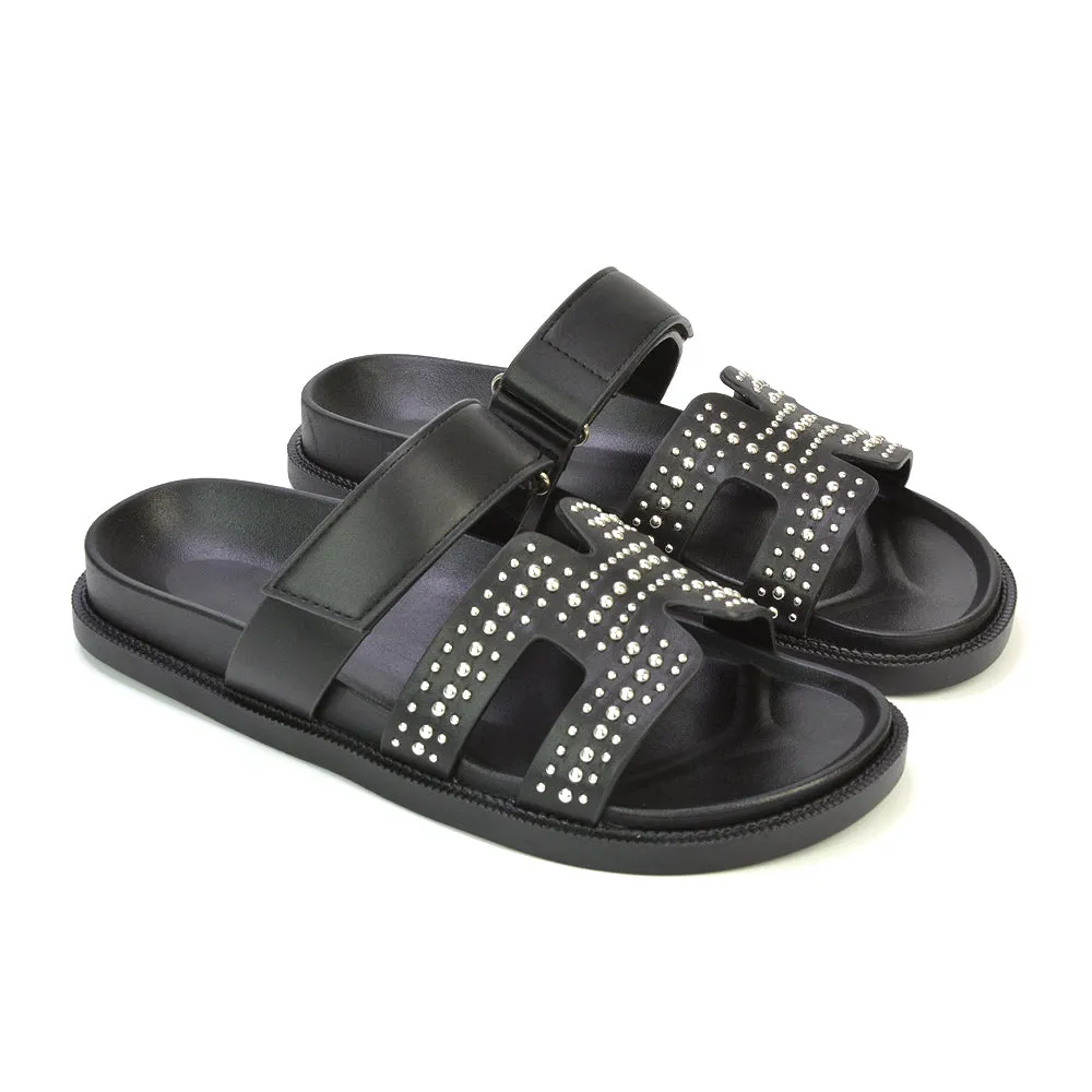 Nicole Diamante Cut Out Adjustable Strappy Flat Sandals Sliders in Black