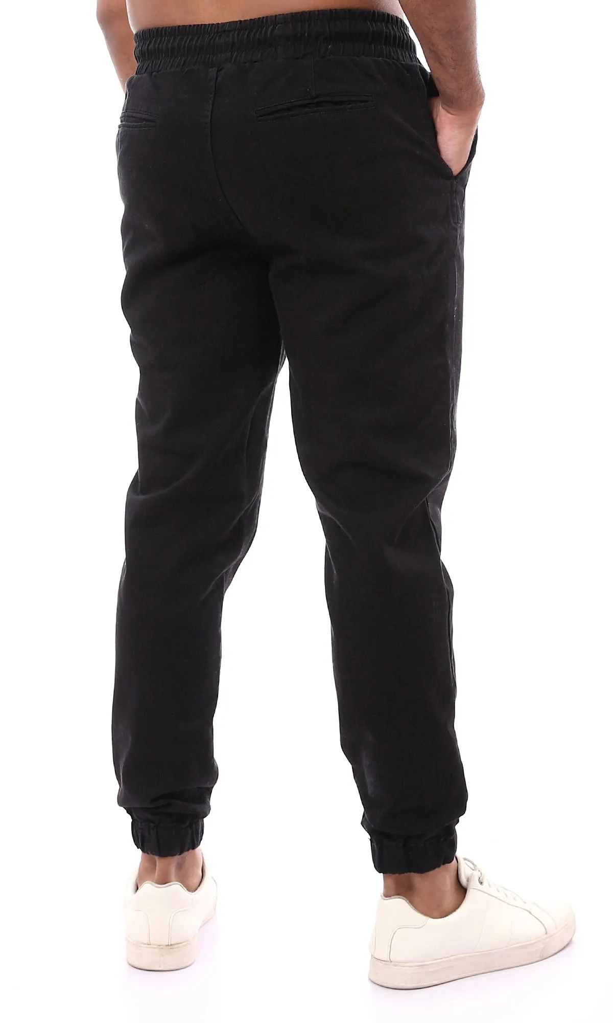 O161105 Black Solid Gabardine Casual Pants With Hem