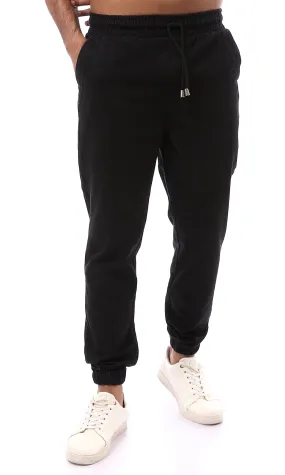 O161105 Black Solid Gabardine Casual Pants With Hem