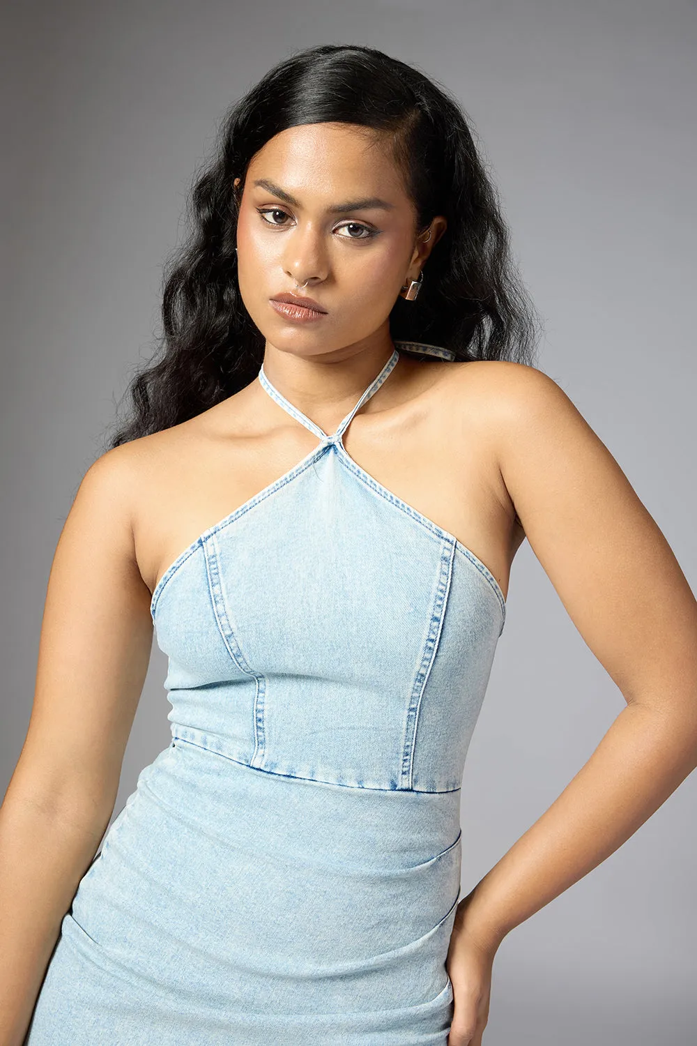 Olivia Halter Neck Slit Denim Dress