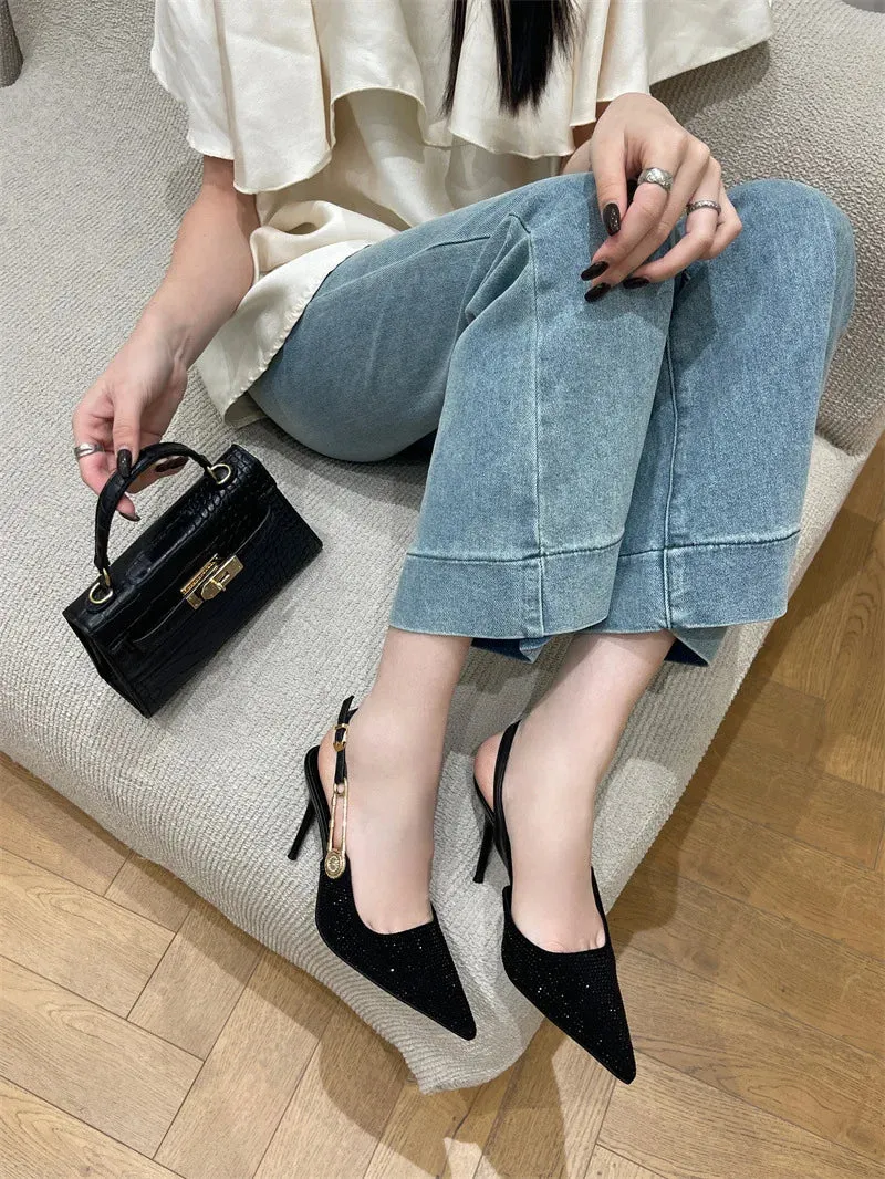 Rhinestone Buckle Pointed Toe Heels