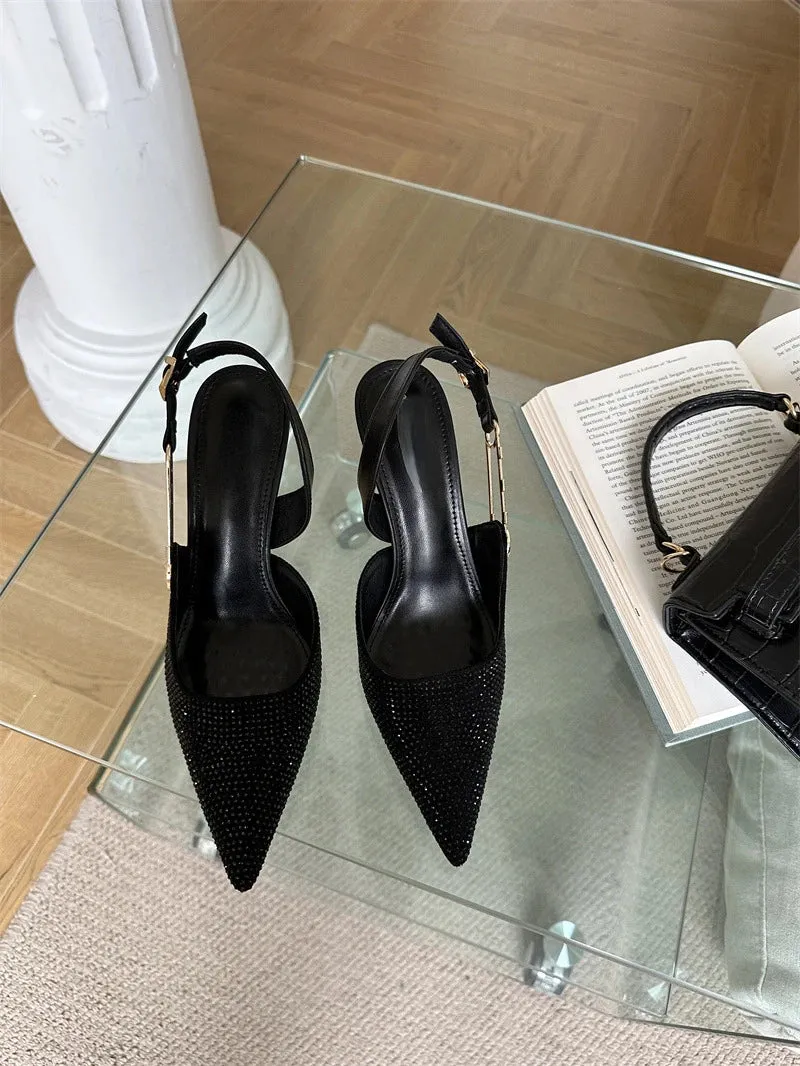 Rhinestone Buckle Pointed Toe Heels