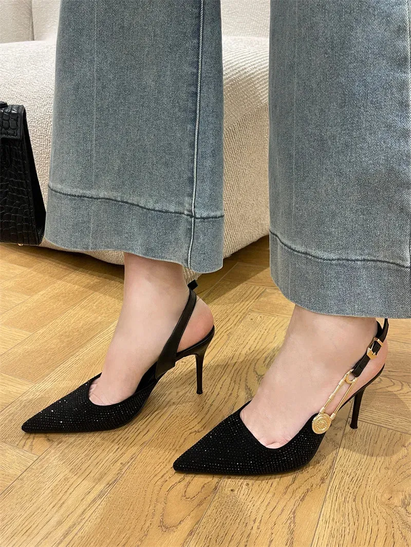 Rhinestone Buckle Pointed Toe Heels