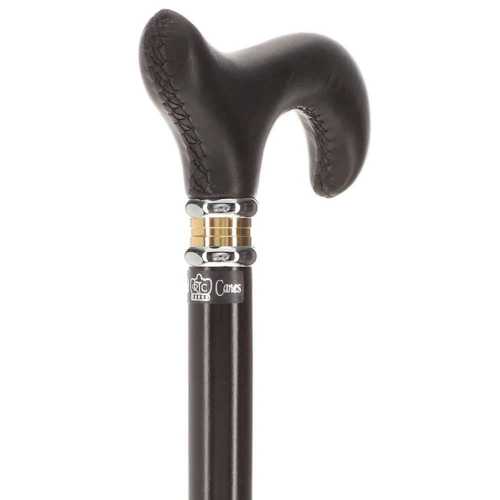 Scratch and Dent Black Leather Derby Walking Cane With Black Beechwood Shaft and Two-tone Collar V1218