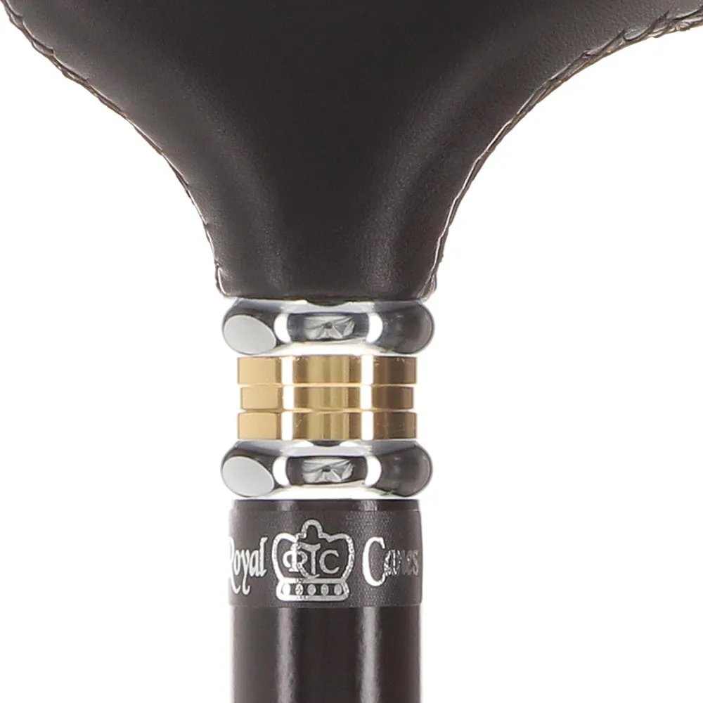 Scratch and Dent Black Leather Derby Walking Cane With Black Beechwood Shaft and Two-tone Collar V1218