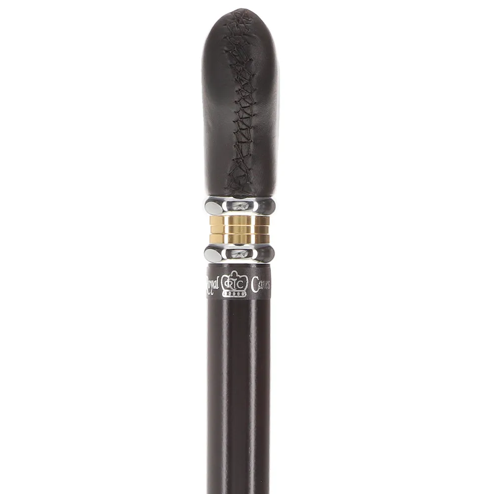 Scratch and Dent Black Leather Derby Walking Cane With Black Beechwood Shaft and Two-tone Collar V1218