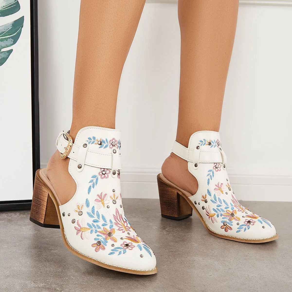 Sohiwoo Women Cutout Embroidered Chunky Heels Ankle Strap Slingback Sandals