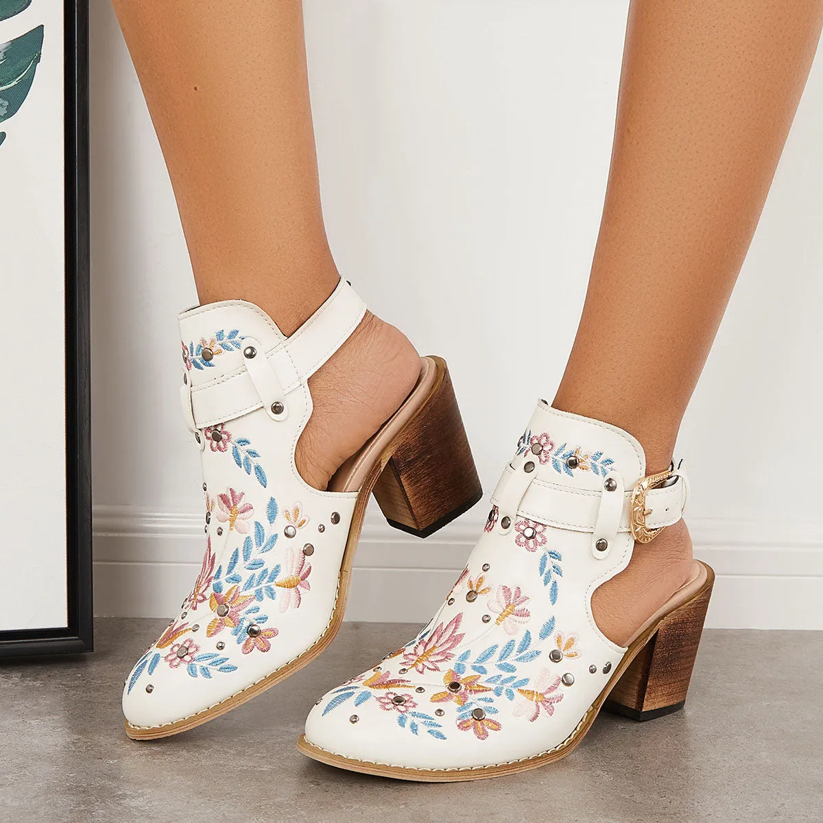 Sohiwoo Women Cutout Embroidered Chunky Heels Ankle Strap Slingback Sandals