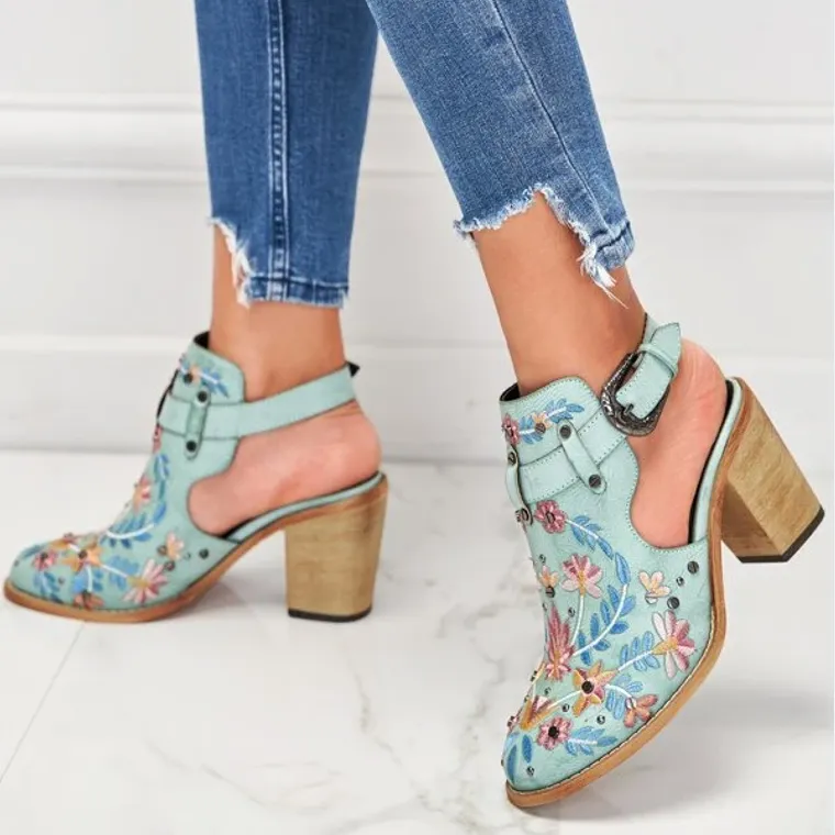 Sohiwoo Women Cutout Embroidered Chunky Heels Ankle Strap Slingback Sandals