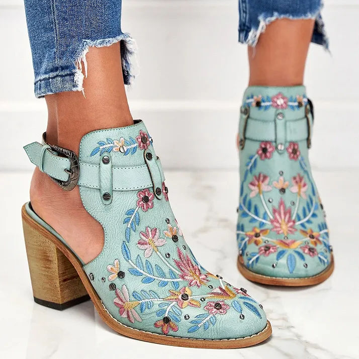 Sohiwoo Women Cutout Embroidered Chunky Heels Ankle Strap Slingback Sandals