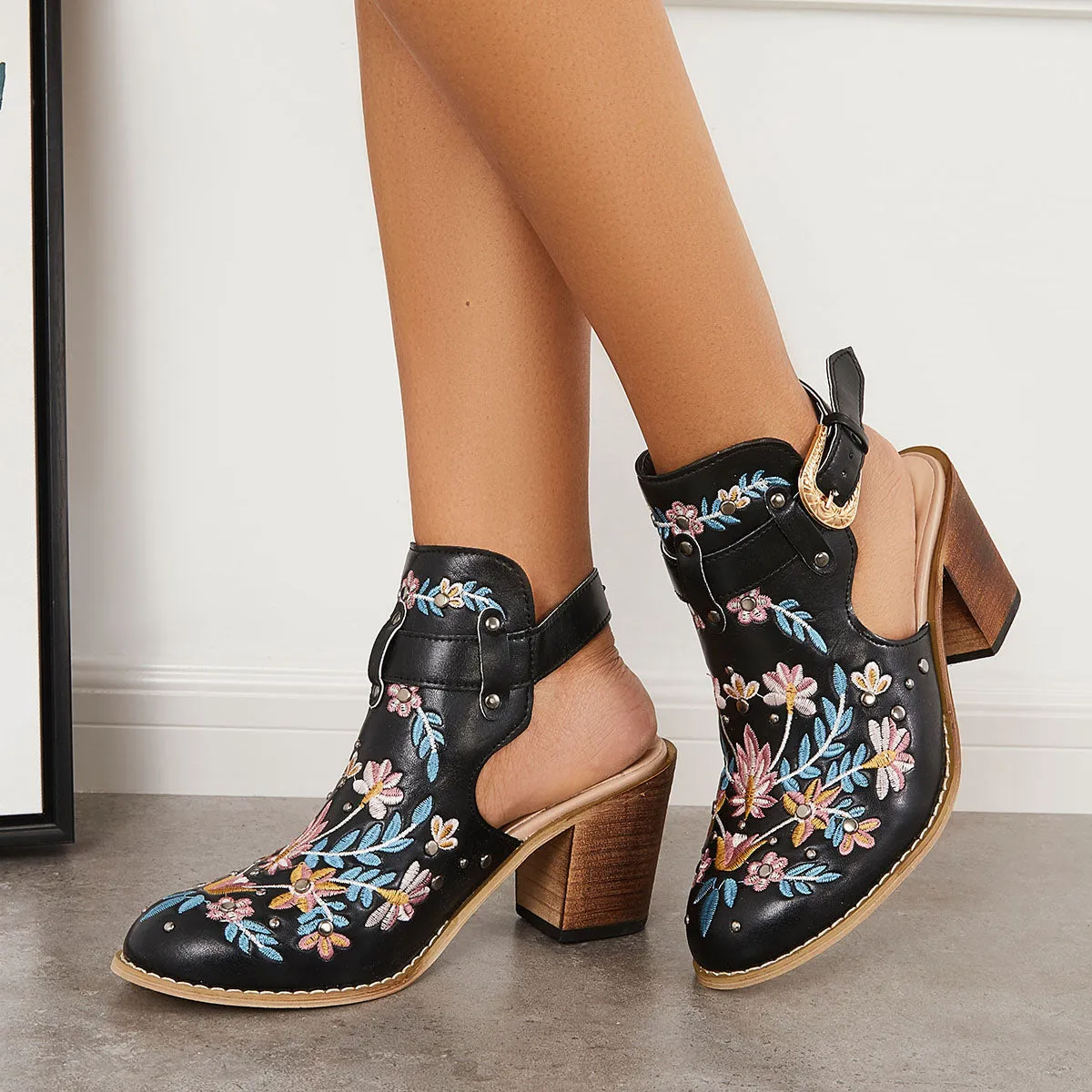 Sohiwoo Women Cutout Embroidered Chunky Heels Ankle Strap Slingback Sandals