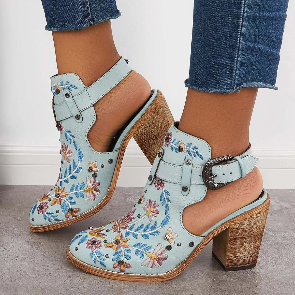 Sohiwoo Women Cutout Embroidered Chunky Heels Ankle Strap Slingback Sandals