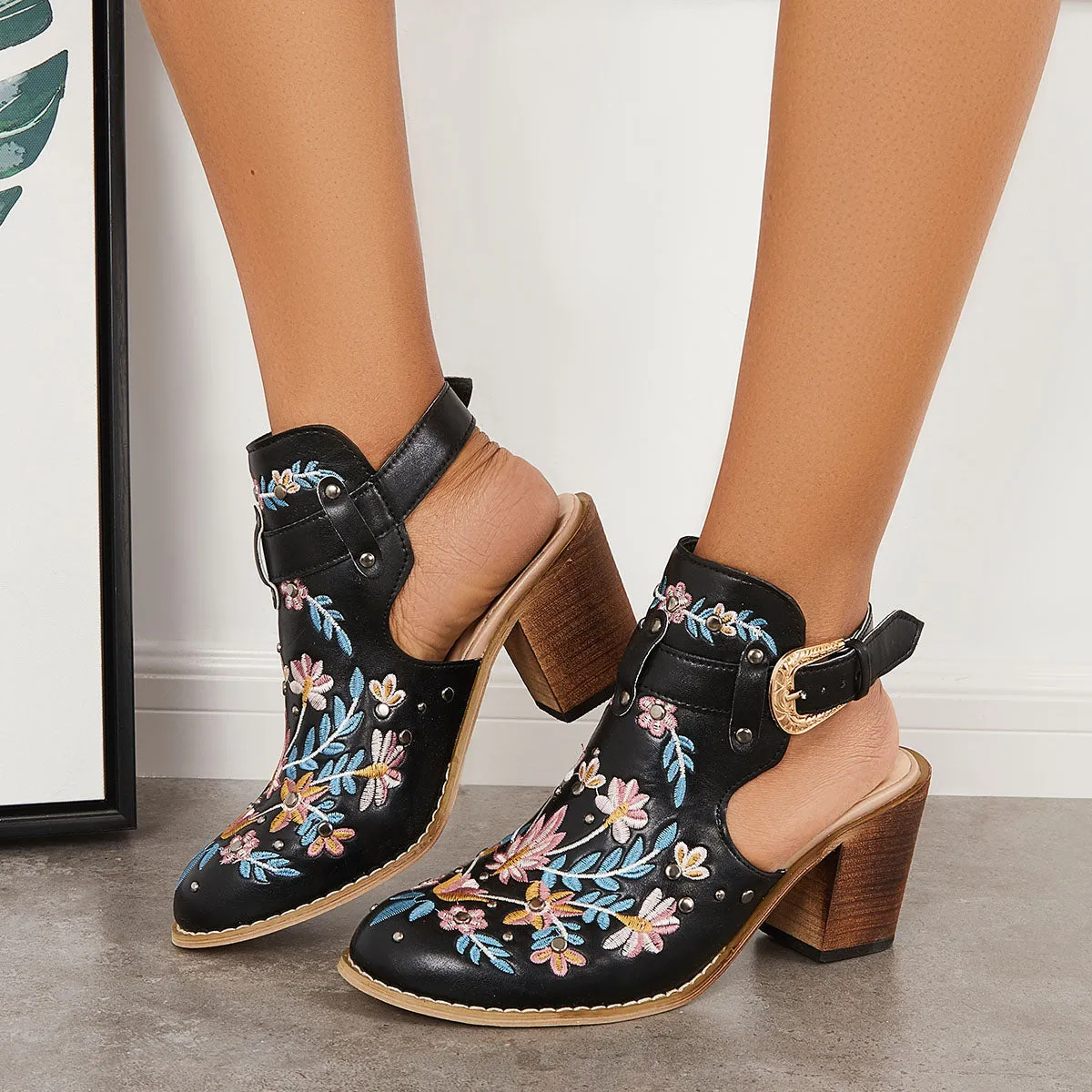 Sohiwoo Women Cutout Embroidered Chunky Heels Ankle Strap Slingback Sandals