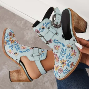 Sohiwoo Women Cutout Embroidered Chunky Heels Ankle Strap Slingback Sandals