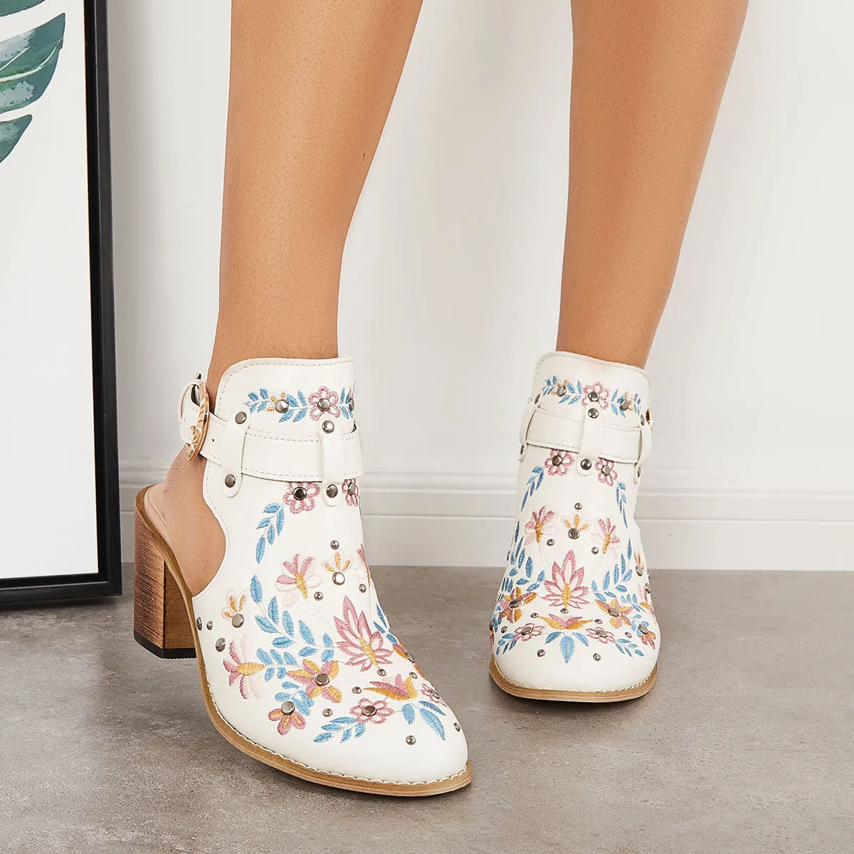 Sohiwoo Women Cutout Embroidered Chunky Heels Ankle Strap Slingback Sandals