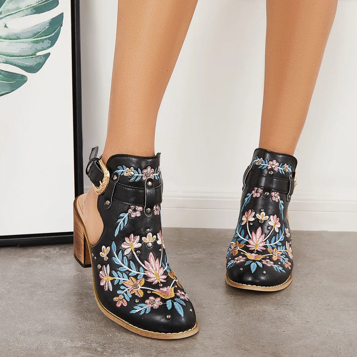 Sohiwoo Women Cutout Embroidered Chunky Heels Ankle Strap Slingback Sandals