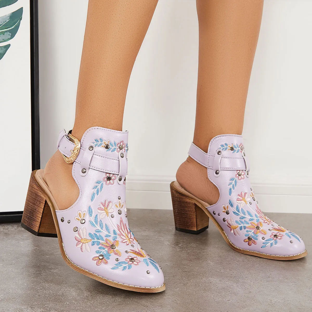 Sohiwoo Women Cutout Embroidered Chunky Heels Ankle Strap Slingback Sandals